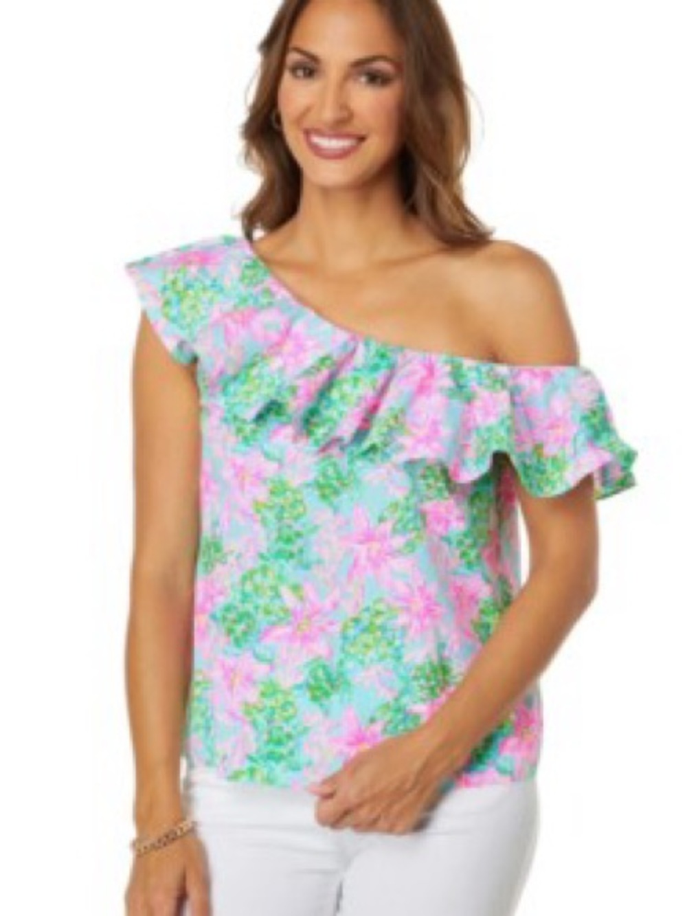 NWT Lilly Pulitzer One-Shoulder Ruffle Blouse in Pink & Green Floral Size M